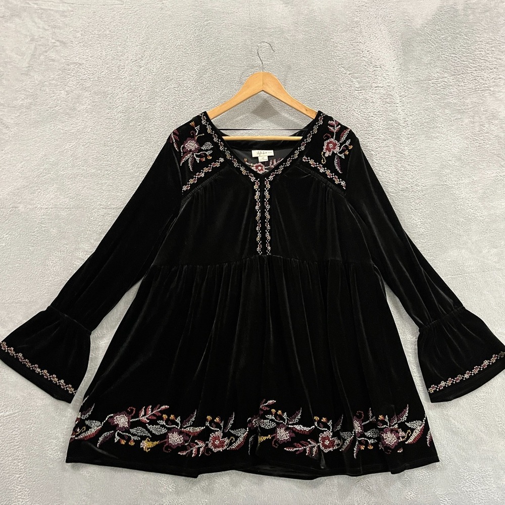 Style & Co Top Tunic Plus 1X Velvet Floral Embroidered Bell Sleeve Boho Artsy